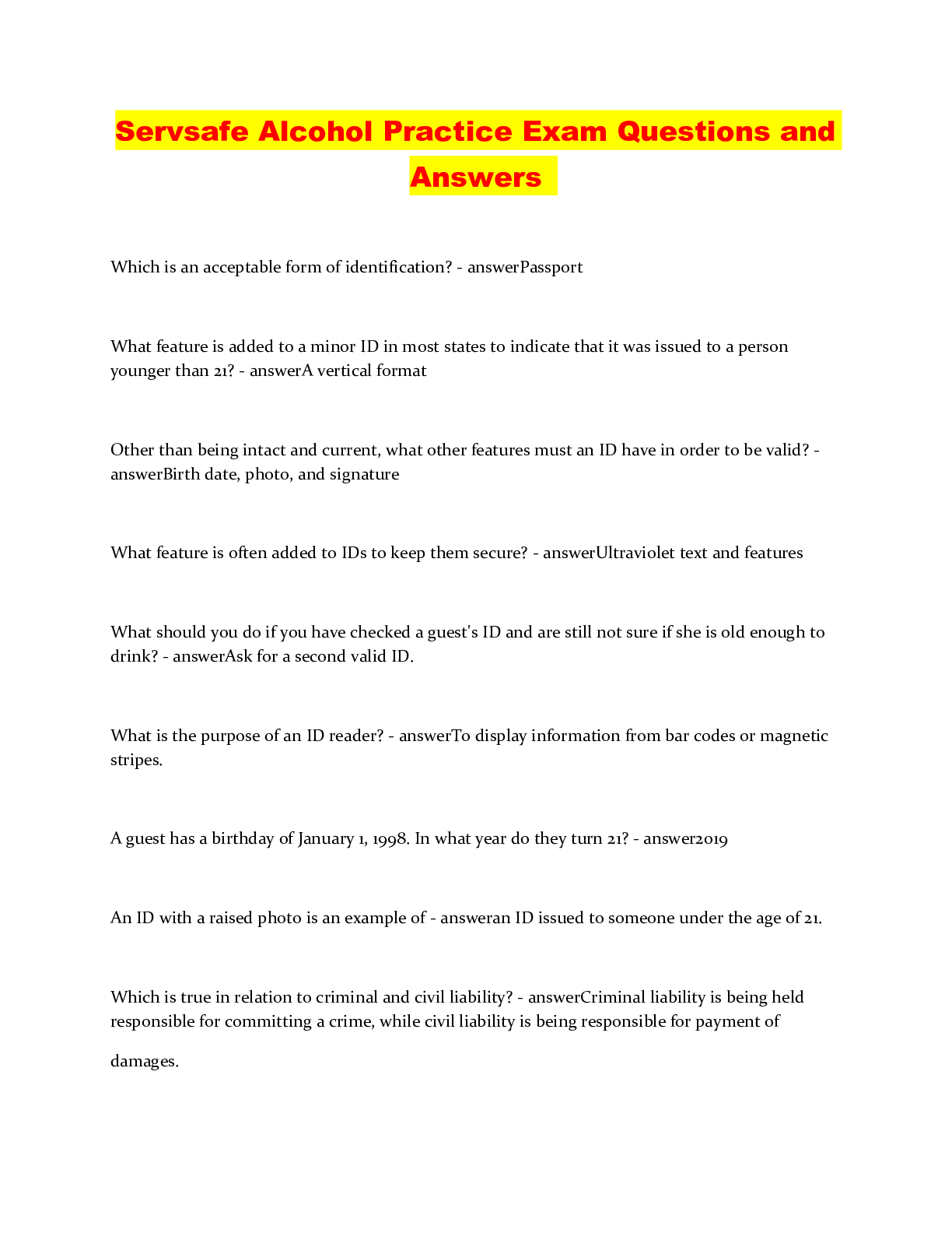 Preview of Servsafe Alcohol Practice Exam Questions and Answers